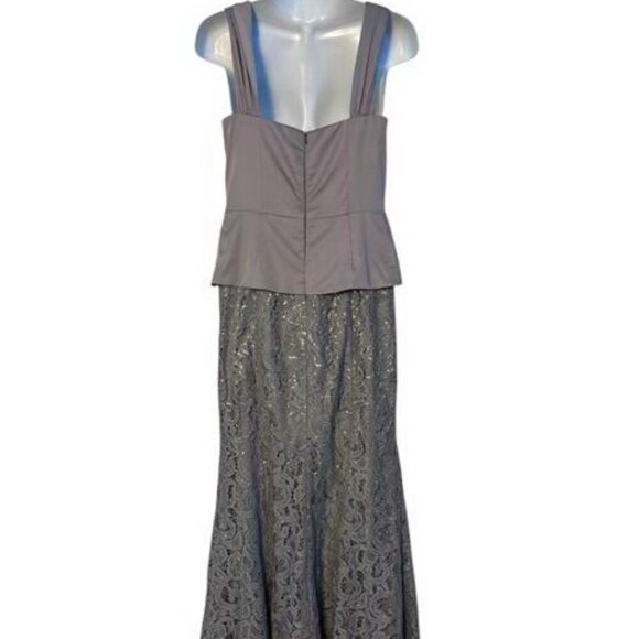 Decode 1.8 Silver Satin Beaded Ruched Top Lace Sequin Bottom Gown - Picture 3 of 5